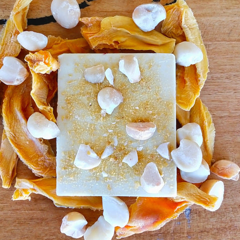 Temper Temper white chocolate with dried mango and macadamias